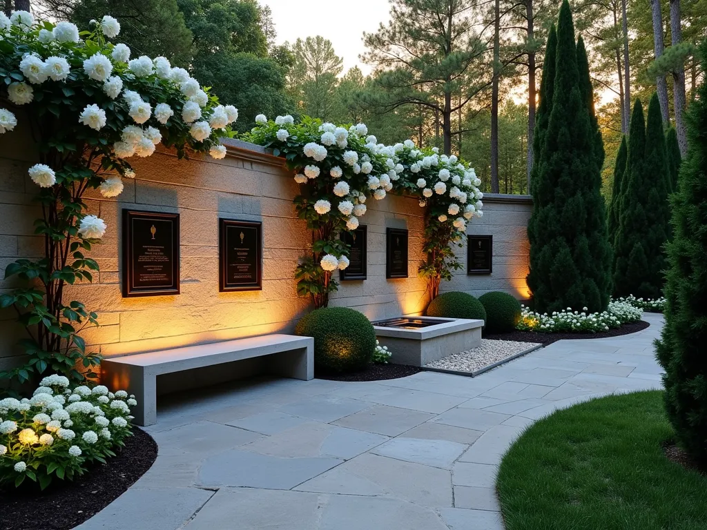 Serene Church Memorial Garden Wall at Dusk - A tranquil memorial garden wall at dusk, crafted from natural stone with elegant bronze plaques, softly illuminated by garden lights. White climbing roses and English ivy gracefully adorn the wall's surface. A curved stone bench sits beneath, surrounded by white hydrangeas and evergreen boxwoods. A small, tiered fountain creates gentle water sounds nearby. The scene is captured at golden hour, with warm light filtering through cypress trees, creating a sacred, peaceful atmosphere. Wide-angle perspective showcases the entire contemplative space with subtle path lighting guiding visitors through the garden.