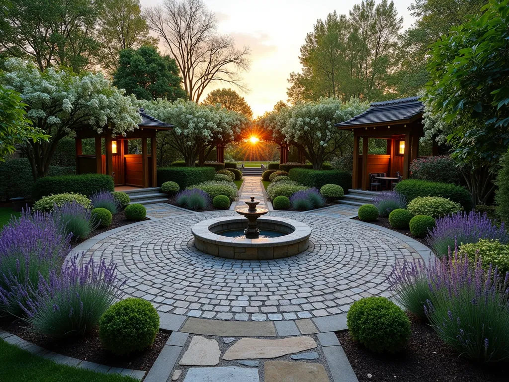 Circular Unity Garden with Global Plants - A serene circular garden at dusk with stone pathways radiating like sun rays from a central cobblestone plaza. The plaza features a simple stone bench circle surrounding a small, elegant fountain. The garden beds between paths showcase diverse plantings: Mediterranean lavender, Asian bamboo, African birds of paradise, and American wildflowers, all harmoniously blending together. Soft landscape lighting illuminates the paths, while Japanese lanterns cast a warm glow. White flowering dogwoods and cherry blossoms create a gentle canopy overhead. A wide-angle view captures the complete circular design with the golden sunset creating long shadows across the peaceful space. Natural stone borders separate the planted areas, with climbing jasmine and wisteria adorning wooden archways over each entering path.