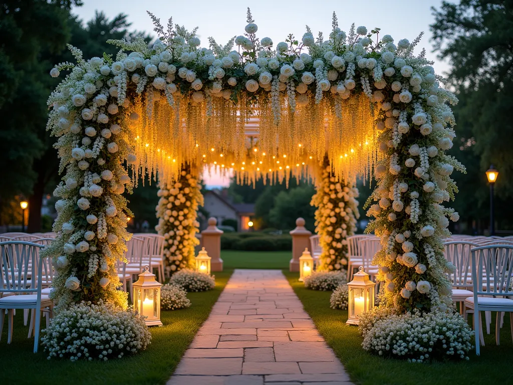 Enchanted Church Wedding Garden at Twilight - A dreamy twilight photograph of an elegant church wedding garden, captured with a wide-angle lens. A grand white pergola draped in cascading white wisteria takes center stage, illuminated by warm string lights. Classic white garden roses climb decorative arbors that line a natural stone pathway. Vintage-style white wooden benches and chairs are artfully arranged in intimate seating clusters. The garden features romantic touches like antique lanterns, weathered stone fountains, and delicate baby's breath borders. Soft golden hour lighting filters through the wisteria canopy, creating magical light patterns on the manicured lawn below. Professional photography angles are subtly incorporated with strategic archways and floral backdrops. Shot at f/2.8 to create ethereal bokeh effects with the garden lights.