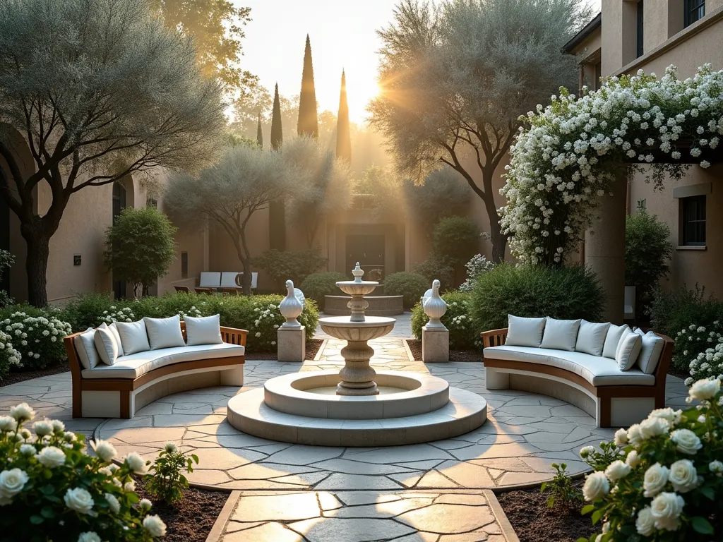 Ethereal Church Peace Garden at Twilight - A serene church garden space at twilight, bathed in soft golden light. A circular contemplation area features a small, tiered white marble fountain at its center, surrounded by blooming white roses, peace lilies, and white hydrangeas. Natural stone pathways wind through white-flowering dogwood trees and silvery-green olive trees. Two elegant dove sculptures in weathered stone perch near the fountain. Comfortable whitewashed wooden benches with plush weatherproof cushions are arranged in a semi-circle, perfect for meditation. Gentle uplighting illuminates the peaceful scene, while climbing white jasmine covers a nearby pergola. The atmosphere is dream-like with a slight mist in the air, creating a sacred and tranquil ambiance. Shot from a wide angle to capture the entire peaceful sanctuary, with the fountain as the focal point.