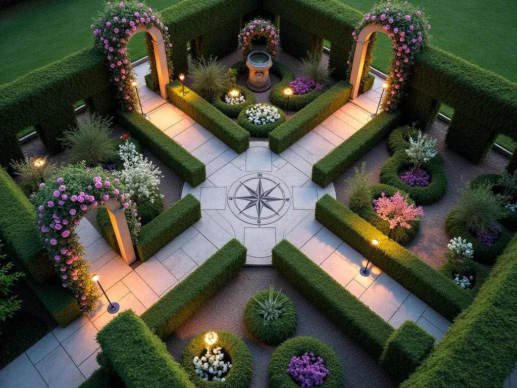 Four Gospel Garden Sanctuary - A serene aerial view of four interconnected garden rooms at twilight, arranged in a cross formation. Each room features distinct biblical garden designs connected by elegant stone archways draped with climbing pink roses and purple clematis. Matthew's garden features white lilies and a water fountain, Mark's garden showcases Mediterranean plants and a lion sculpture, Luke's garden contains healing herbs and a peaceful meditation bench, and John's garden displays vibrant purple and white flowers with an eagle motif. Soft landscape lighting illuminates the pathways, while golden hour sunlight casts long shadows across the sacred space. The gardens are framed by meticulously trimmed boxwood hedges, with a central meeting point featuring a small circular plaza with a decorative compass rose pattern.