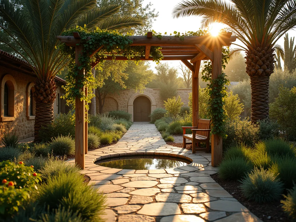 Four Seasons Biblical Garden Sanctuary - A serene church garden at golden hour, shot with a wide-angle lens capturing a meandering path through distinct seasonal zones. Fig trees and date palms frame a rustic wooden pergola with climbing white jasmine. Stone benches nestled beneath the pergola offer contemplative seating. The garden features biblical plants including olive trees, cypress, hyssop, and blooming lilies of the field. A small meditation pond reflects the warm evening light, surrounded by aromatic herbs like mint and sage. The foreground showcases seasonal interest with pomegranate trees bearing fruit, while autumn-tinted grapevines climb traditional trellises in the background. Shot with natural lighting at f/2.8 creating a dreamy atmosphere with selective focus on key botanical elements. Photographed with a 16-35mm lens, emphasizing the garden's depth and sacred atmosphere.