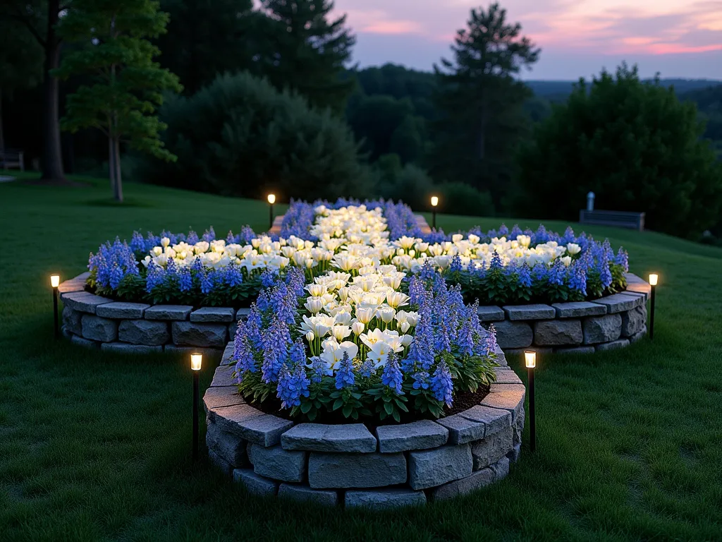 Illuminated Cross Garden at Twilight - A meticulously designed cross-shaped garden bed photographed at twilight, featuring pristine white lilies and roses interspersed with striking blue delphiniums. The raised flower bed is outlined with weathered natural stone borders that add rustic elegance. Solar-powered garden lights softly illuminate the cross shape, creating a ethereal glow that highlights the flowers. The wide-angle composition captures the entire cross formation while showing surrounding grass paths. The garden is photographed from a slightly elevated angle to emphasize the geometric cross pattern. Soft twilight sky creates a peaceful ambiance with hints of purple and orange on the horizon. Professional DSLR photograph with perfect exposure capturing the interplay of natural and artificial light.