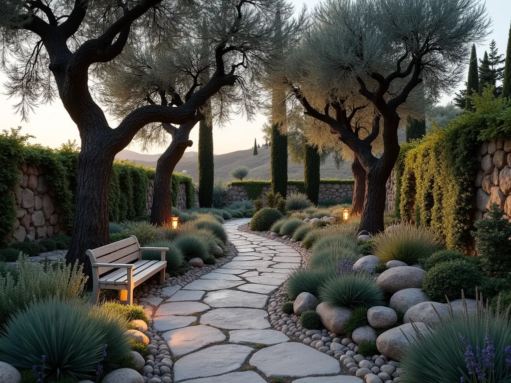 Mediterranean Gethsemane Garden at Dusk - A serene and contemplative garden space at dusk, centered around three ancient, gnarled olive trees with twisted trunks casting long shadows. A winding stone path leads through a naturalistic rock garden filled with Mediterranean lavender and rosemary. Weathered stone benches are thoughtfully placed beneath the olive trees, surrounded by soft-flowing ornamental grasses. Warm evening light filters through the silver-green olive leaves, creating a peaceful atmosphere. Stone walls covered in climbing fig vines frame the space, while cypress trees stand as silent sentinels in the background. Ground cover of creeping thyme and Mediterranean herbs creates a carpet-like effect between the rocks. Low, atmospheric lighting gently illuminates the path and trees, enhancing the sacred ambiance of the space.