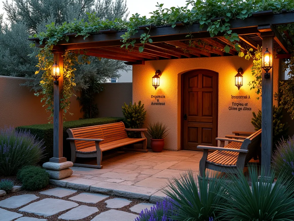 Serene Outdoor Bible Study Garden at Dusk - A tranquil garden setting at dusk with warm lantern lighting illuminating a semicircle of comfortable weathered teak benches and chairs around a rustic wooden teaching podium. The intimate space is sheltered by a beautiful pergola draped with climbing jasmine and wisteria. Biblical plants including olive trees, fig trees, and herbs like hyssop and mint create a natural boundary. Stone pathways lined with lavender lead to the study area, while ornate copper lanterns hang from the pergola casting a warm glow over wooden writing surfaces attached to each seat. A small fountain provides peaceful background sounds, and carved stone scripture verses are tastefully integrated into the garden walls. The scene is captured from a wide angle showing the entire sacred learning space nestled within the larger garden landscape.