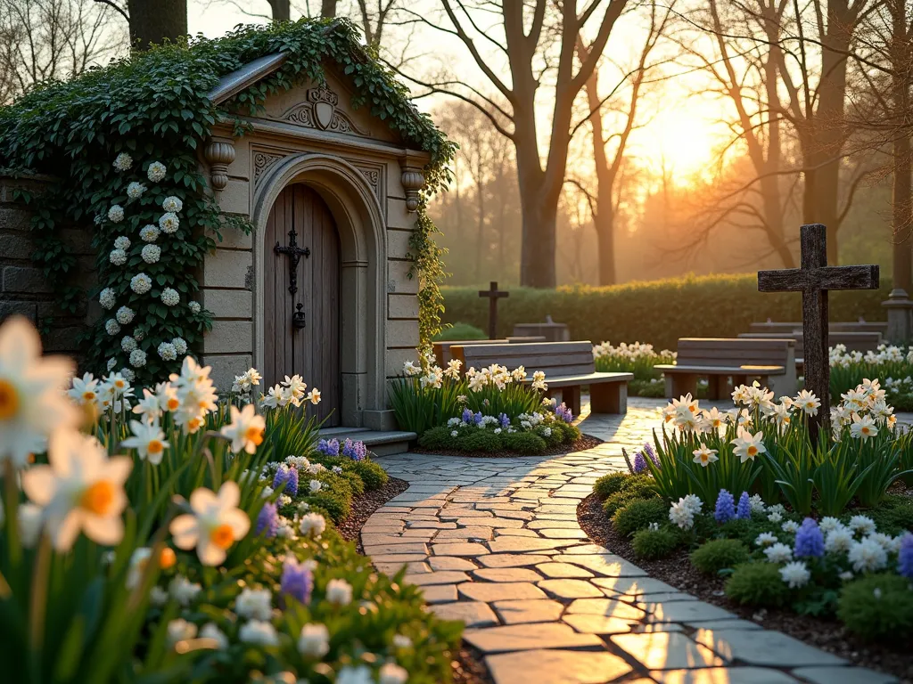 Sacred Easter Garden at Dawn - DSLR wide-angle photograph of a serene Easter garden at dawn, golden sunlight filtering through trees. A weathered stone tomb structure with intricate architectural details serves as the centerpiece, partially covered in climbing white roses. Pristine white Easter lilies and clusters of daffodils surround the tomb in concentric circles. A curved pathway of natural flagstone leads to a peaceful meditation area with rustic wooden benches arranged in a semi-circle. Morning dew glistens on beds of tulips and hyacinths in soft pastels. Stone lanterns provide subtle lighting, while a simple wooden cross stands silhouetted against the sunrise. Shot at f/8, ISO 100, capturing the ethereal morning light and atmospheric depth, emphasizing the sacred nature of the space.