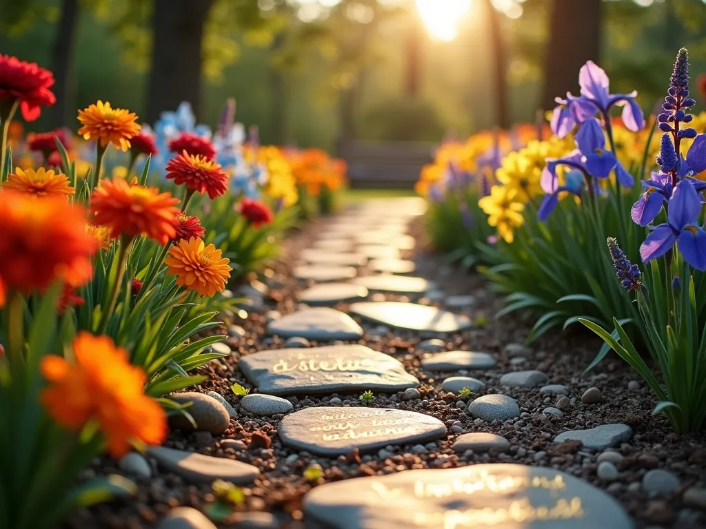 Sacred Rainbow Garden Path - A gently curving garden path at golden hour, with sunlight filtering through trees. The meandering stone pathway is bordered by vibrant flowers arranged in rainbow order: deep red roses transition to orange marigolds, sunny yellow daffodils, sky blue delphiniums, and royal purple iris. Hand-painted river stones with gold-lettered Bible verses nestle among the blooms. The path leads to a small wooden meditation bench in the distance. Soft bokeh effect in foreground flowers, with dappled sunlight creating a ethereal, sacred atmosphere. Perspective from ground level showing the full curve of the path, with detailed flower textures in foreground and path disappearing into soft focus.