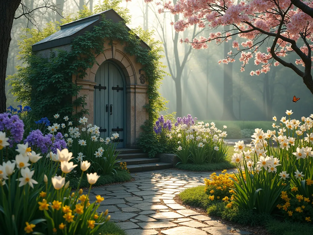 Sacred Resurrection Garden with Stone Tomb - A serene garden at dawn featuring a weathered stone tomb structure partially covered in delicate climbing ivy and spring clematis. Morning light filters through surrounding flowering dogwood trees, casting gentle shadows. The focal tomb is flanked by raised beds bursting with white Easter lilies, purple iris, yellow daffodils, and pure white tulips symbolizing renewal. A winding stone path leads to the tomb, bordered by butterfly-attracting lantana and butterfly bush in full bloom. Several monarch butterflies hover near the flowers. The scene is captured in atmospheric morning mist, with dew drops glistening on the foliage. Shot from a wide angle to show the garden's spiritual atmosphere, with the tomb positioned off-center for dramatic effect.