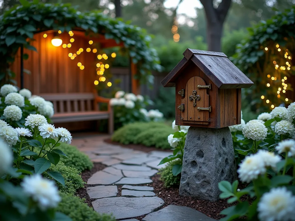 Serene Prayer Box Garden at Twilight - A DSLR wide-angle photograph of an intimate garden sanctuary at twilight, featuring a rustic wooden prayer box mounted on a weathered stone pedestal as the focal point. The prayer box is surrounded by a lush garden of white flowering plants including moonflowers, white echinacea, and pure white roses. A curved stone path leads to a comfortable wooden bench nestled among white hydrangeas. Soft landscape lighting illuminates the path and gently highlights the prayer box, while delicate string lights draped in nearby trees create a ethereal atmosphere. The garden is enclosed by a natural privacy screen of white climbing roses and jasmine on wooden trellises. Fine details capture dewdrops on petals and the weathered brass hardware of the prayer box, shot at f/8 for excellent depth of field.