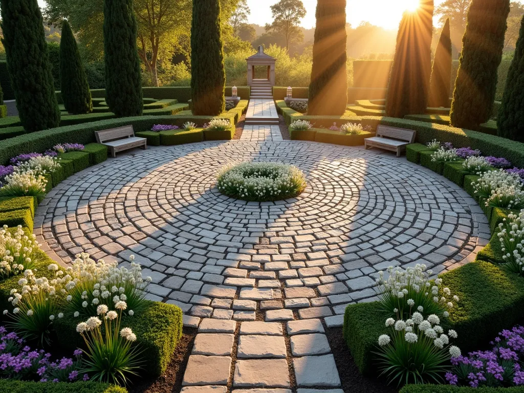 Serene Prayer Labyrinth Garden at Twilight - A stunning circular prayer labyrinth garden photographed during golden hour, with the sun casting long shadows across the meticulously laid stone pathway. The labyrinth follows a classic medieval design with concentric circles, crafted from smooth river rocks and bordered by neatly trimmed boxwood hedges. Ethereal white flowering plants including moon flowers and white echinacea create a luminous border, while clusters of deep purple lavender add depth and release calming fragrances. Weathered wooden benches are strategically placed at cardinal points for meditation. Soft landscape lighting illuminates the path edges, while mature cypress trees in the background provide privacy and vertical interest. A gentle mist hovers near the ground, creating an otherworldly atmosphere. Shot from an elevated angle to showcase the complete circular pattern, with the intricate pathways leading to the central meditation space. The composition captures both the architectural precision of the labyrinth and the soft, natural elements of the surrounding garden.