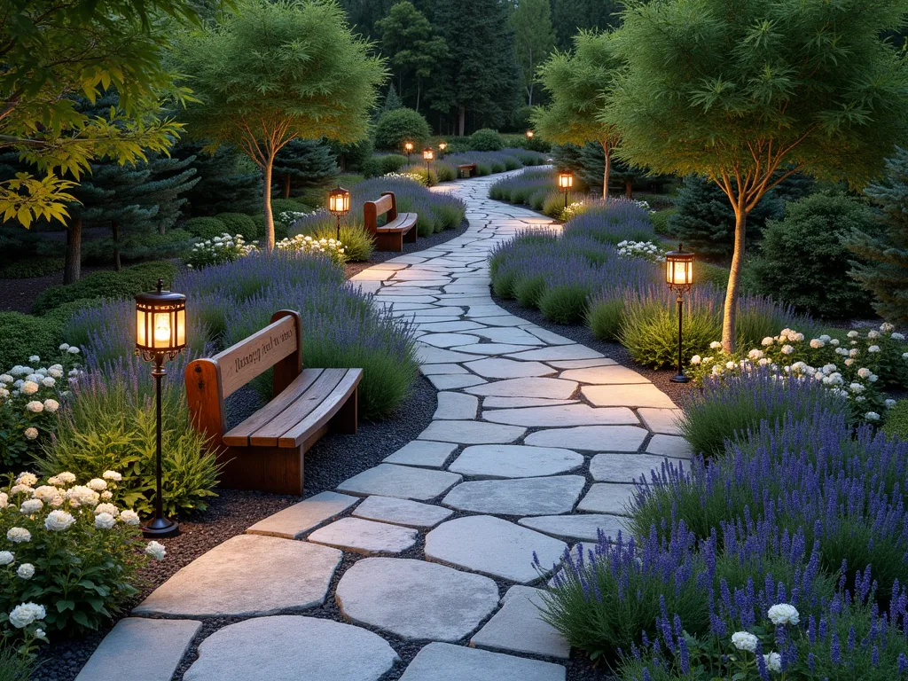 Serene Prayer Walk Garden Path - A winding stone pathway meandering through a lush garden at dusk, illuminated by soft garden lanterns. The path features intimate wooden prayer stations with engraved scripture verses and meditation benches nestled among flowering perennials. Japanese maples provide dappled shade while lavender borders and white roses line the path. Natural stone meditation areas with comfortable teak benches are surrounded by peaceful water features and ornamental grasses. The scene is captured from an elevated angle, showing the flowing curves of the path and the thoughtful progression through different garden rooms, each with its own contemplative character. Golden hour lighting casts long shadows across the textured path, while subtle landscape lighting highlights key meditation points.