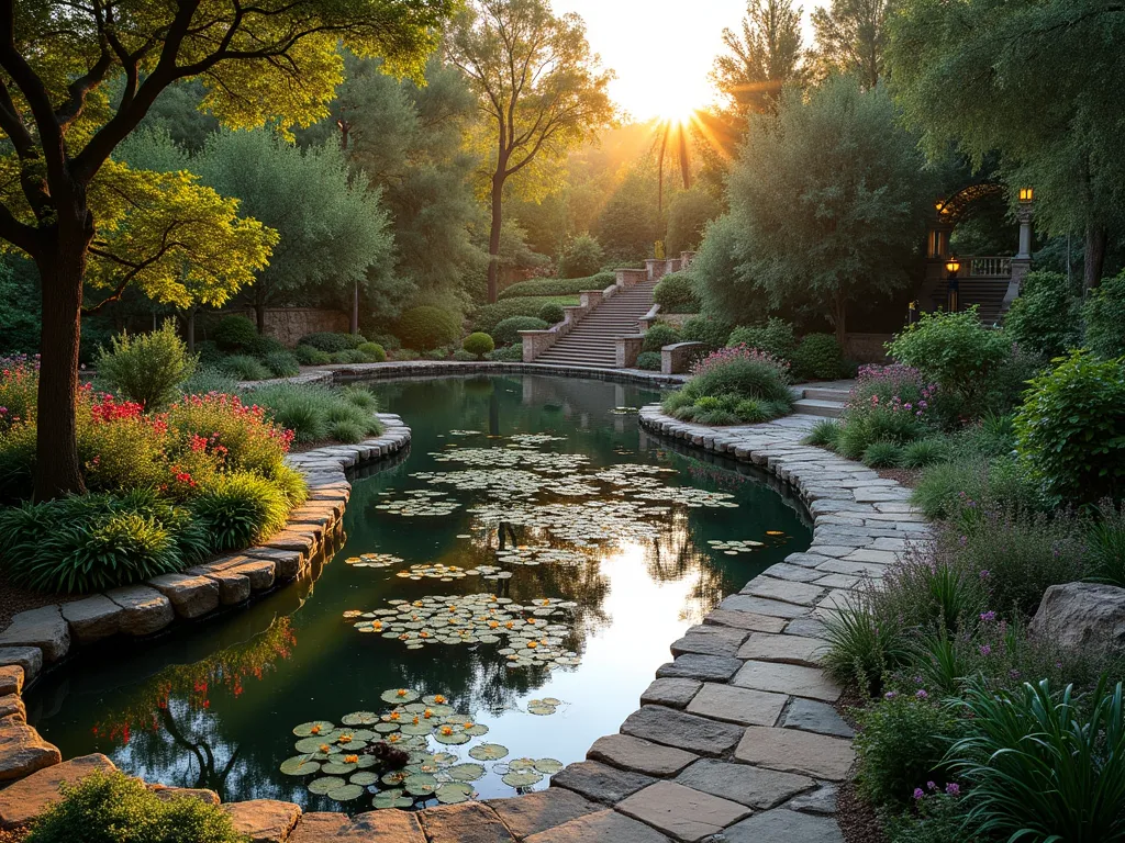 Seven Days Creation Garden Path - A serene wide-angle twilight shot of a winding garden path through seven distinct, terraced sections representing the creation story, captured with golden hour lighting. The foreground features a tranquil reflection pool with floating water lilies symbolizing Day 1 (light and water). The path leads through a lush paradise with fruit trees and flowering plants (Day 3), past a dramatic stone sundial (Day 4), and continues to an aviary section with native birds (Day 5). Natural stone steps connect each area, with copper educational plaques nestled among the foliage. Ornate wrought-iron archways mark transitions between sections. The garden is photographed using a DSLR camera with a wide-angle lens at f/8, ISO 100, capturing the interplay of natural light and shadow through mature trees. Stone benches and meditation spaces are thoughtfully placed throughout, with subtle landscape lighting beginning to illuminate the path.