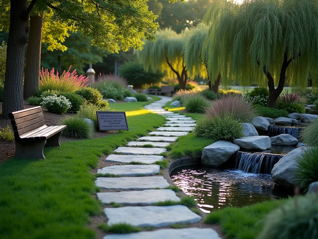 Tranquil Psalm 23 Garden at Dusk - A serene garden sanctuary at dusk, photographed with a wide-angle lens capturing a winding stone path leading through lush green grass. A gentle stream meanders alongside, creating peaceful water sounds with small cascading waterfalls. Natural stone benches nestled among flowering dogwoods offer contemplative seating areas. Weathered copper plaques displaying verses from Psalm 23 are tastefully integrated among natural rock formations. Soft landscape lighting illuminates the path and highlights weeping willows reflecting in still pools. Japanese forest grass and ornamental grasses sway gently in the evening breeze. The scene is captured with subtle depth of field, emphasizing the peaceful atmosphere with warm, golden hour lighting filtering through the trees.