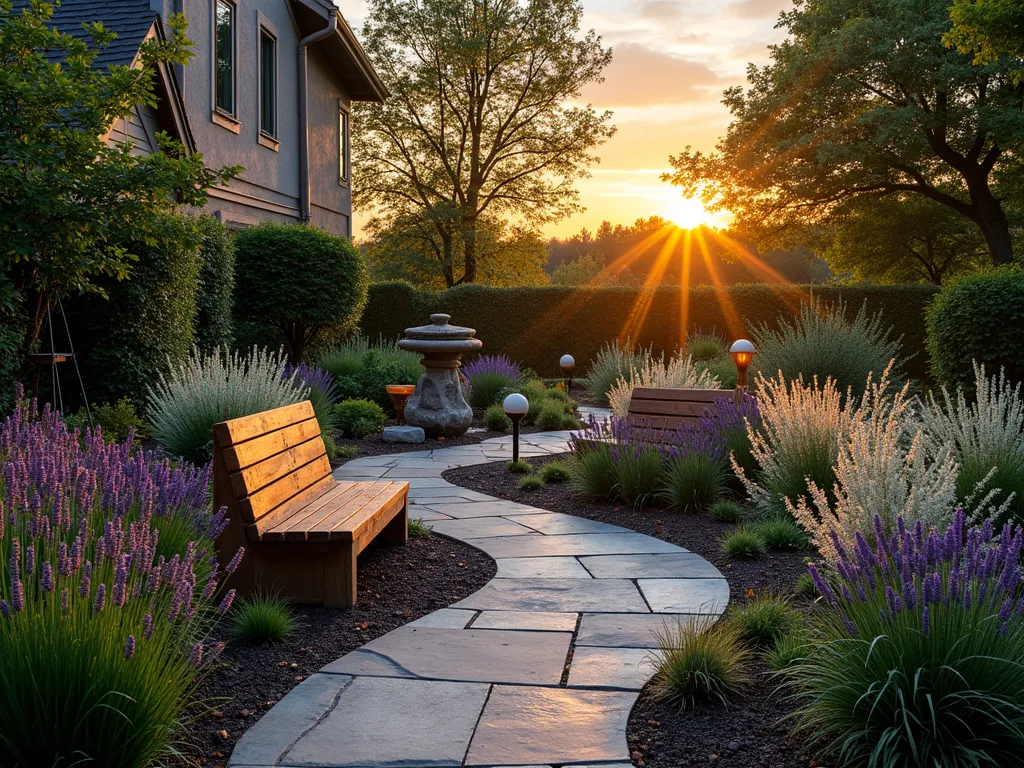 Tranquil Sunset Prayer Garden - A serene west-facing garden sanctuary at golden hour, photographed with a wide-angle lens capturing the dramatic sunset sky. A curved stone path leads to an intimate seating area featuring two weathered teak meditation benches. Purple and white flowering lavender, silver-leafed artemisia, and ornamental grasses sway gently in the evening light, creating ethereal silhouettes. Copper path lights emit a warm glow, while Japanese maple trees frame the space. In the background, subtle landscape lighting illuminates a small stone water feature. The composition emphasizes the interplay of fading natural light and gentle artificial illumination, shot at f/8 with golden sunlight filtering through the foliage, creating a sacred atmosphere perfect for evening meditation. High-quality DSLR photo with perfect exposure capturing the rich colors and peaceful ambiance.