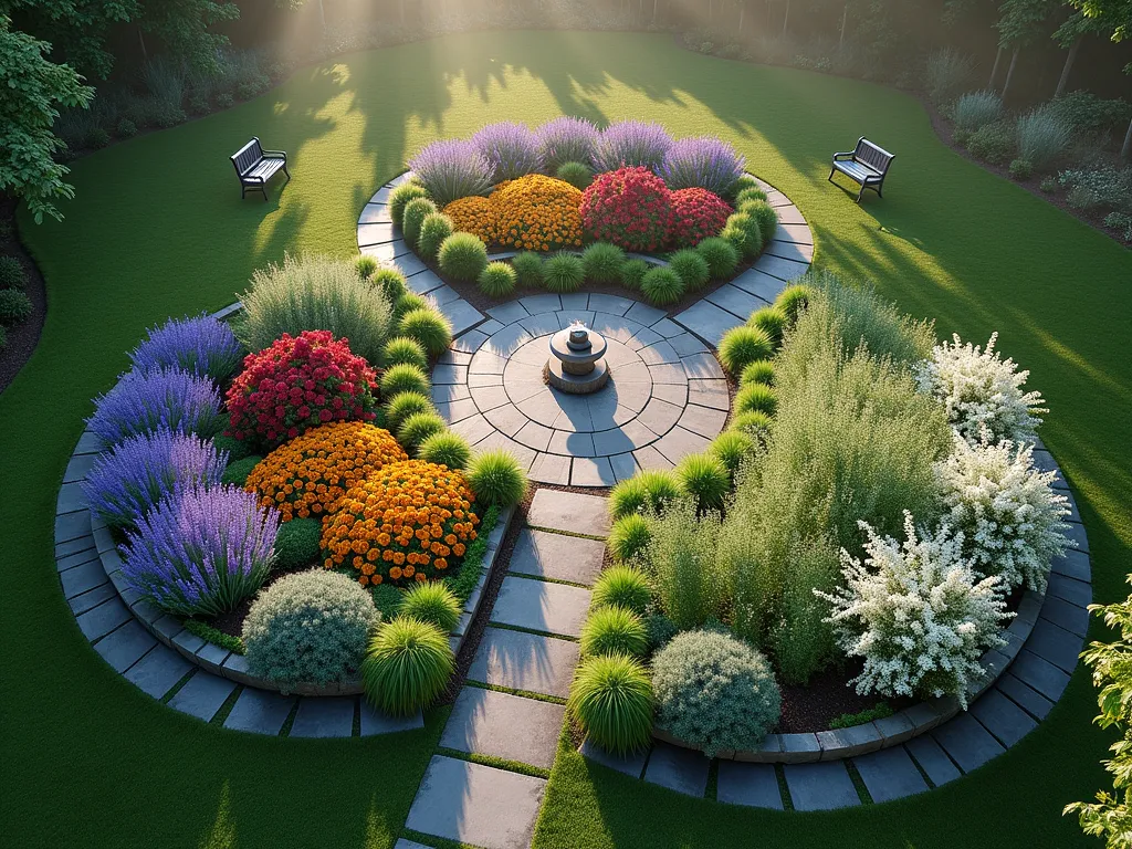 Trinity Garden Circles at Dawn - A serene aerial view of three perfectly circular gardens interconnected like a Celtic trinity knot, bathed in soft morning light. The first circle features cool blues and purples with lavender, delphinium, and Russian sage. The second circle radiates warm reds and oranges with coneflowers, red salvias, and marigolds. The third circle showcases pure whites with white roses, lilies, and silvery artemisia. Stone pathways weave between the circles, meeting at a central meditation area with a small fountain. Ornamental grasses create flowing movement between the spaces, while carefully placed benches offer contemplation points. Morning dew glistens on the foliage, with gentle mist rising around the garden's edges. The design is photographed from a 45-degree elevated angle, capturing the symbolic trinity pattern while showing the intricate plantings within each circle.