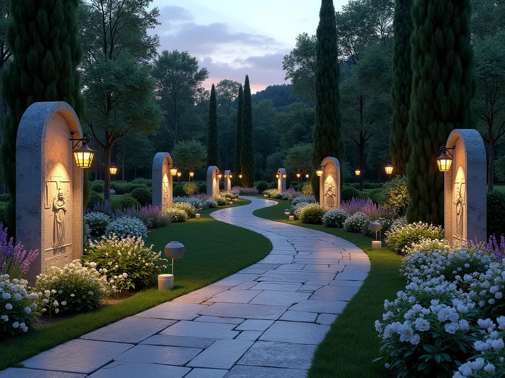 Twilight Stations of the Cross Garden Path - A serene wide-angle view of a winding garden path at twilight, illuminated by warm lanterns. The path meanders through a lush garden with 14 artistic stone stations featuring bas-relief carvings of the Stations of the Cross. Natural stone benches nestle between lavender and white roses at each station. Mature cypress trees create a dignified backdrop, while flowering dogwood trees add grace. The path is lined with white flowering plants like peace lilies and candytuft that seem to glow in the dusky light. Small meditation areas feature ornamental grasses and compact boxwood hedges for privacy. Soft landscape lighting highlights the artistic stations and creates a contemplative atmosphere. The scene is captured with atmospheric depth, showing several stations disappearing into the peaceful garden distance. Photorealistic, architectural photography style.