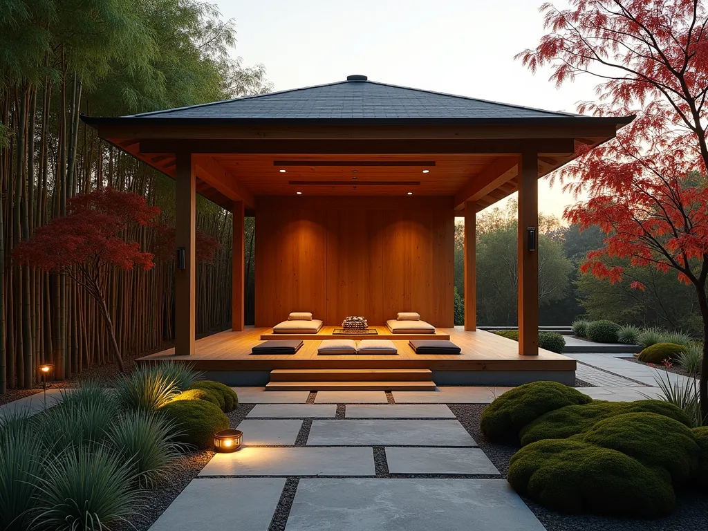 Serene Zen Meditation Pavilion at Dusk - A tranquil garden scene at dusk featuring a minimalist wooden pavilion with graceful Asian-inspired architecture, photographed with a 16-35mm lens at f/2.8, ISO 400. Soft golden hour light filters through a grove of tall bamboo stems and the crimson leaves of Japanese maple trees surrounding the structure. The pavilion features clean lines, exposed wooden beams, and a gently sloping roof with subtle uplighting. Inside, meditation cushions and low benches are arranged on a wooden platform. Delicate copper wind chimes hang from the corners, catching the evening breeze. A natural stone path with integrated lighting leads to the pavilion, lined with ornamental grasses and moss gardens. The wide-angle composition captures the peaceful atmosphere with the pavilion as the focal point, while strategic lighting creates a warm, contemplative ambiance.