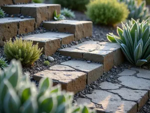 Alpine Rock Garden - Terraced cinder block garden with alpine plants and small rock features, gravel mulch, morning frost visible, close-up perspective