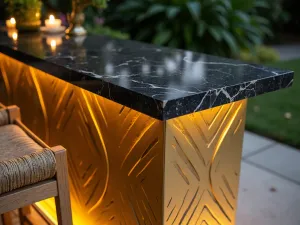 Art Deco Block Bar - Glamorous outdoor bar table made from gold-painted cinder blocks with black marble top, featuring geometric patterns and brass accents, evening lighting close-up