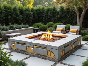 Art Deco Fire Pit - Geometric art deco-inspired cinder block fire pit with gold metallic accents, symmetrical plantings, and period-appropriate furniture