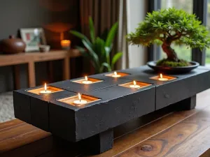 Asian Fusion Block Tea Station - Contemporary Asian-inspired tea preparation table made from black cinder blocks with bamboo insets, featuring built-in tea light holders and bonsai display, intimate detail shot