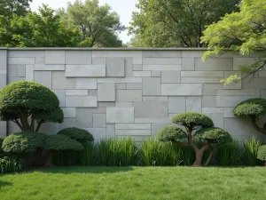 Asian Fusion Garden Wall - A sophisticated cinder block wall incorporating shoji screen patterns, with cloud-pruned boxwood and Japanese forest grass at its base, normal perspective