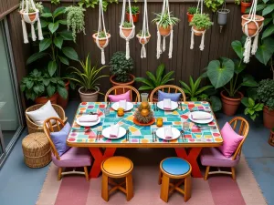 Bohemian Block Dining Set - Colorful outdoor dining setup with mosaic-topped cinder block table, mixed with macramé decorations and hanging plants, aerial perspective