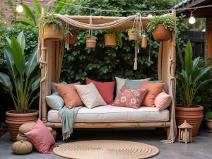 Bohemian Block Lounge - Cinder block daybed with macramé cushions and colorful pillows, surrounded by hanging plants and string lights, creating a cozy bohemian outdoor space