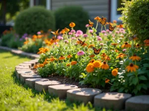 Butterfly Block Garden - Wide angle shot of a curved cinder block flower bed filled with butterfly-attracting plants, multiple butterflies visible, morning light