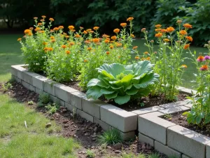 Butterfly Garden Border - Vegetable garden surrounded by cinder blocks filled with butterfly-attracting flowers. Beneficial insect garden design with vegetables in the main bed. Normal view showing the pollinator-friendly setup.