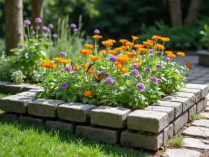 Butterfly Garden Blocks - L-shaped cinder block garden filled with butterfly-attracting flowers, several butterflies visible, natural stone pathway alongside, normal view