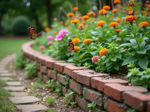 Butterfly Garden Border - Wide shot of curved cinder block garden edge filled with butterfly-attracting plants, captured with butterflies visiting