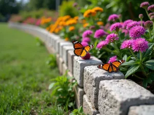 Butterfly Garden Wall - Close-up view of a curved cinder block wall with blocks placed at various angles, filled with butterfly-attracting plants like lantana and butterfly bush, with visible butterflies