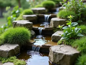 Cascading Block Water Garden - Close-up of a terraced cinder block arrangement with small water features, planted with water-loving plants and moss