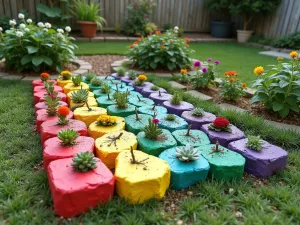 Children's Rainbow Block Garden - Wide angle shot of rainbow-painted cinder blocks arranged in a playful pattern, planted with child-safe flowers and sensory plants