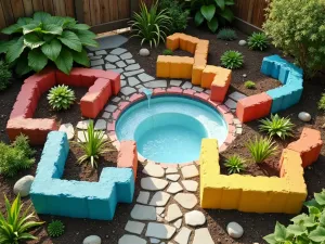 Children's Sensory Garden - Aerial view of a kid-friendly garden space created with colorfully painted cinder blocks forming different activity areas, including sensory plants, stepping stones, and small water features