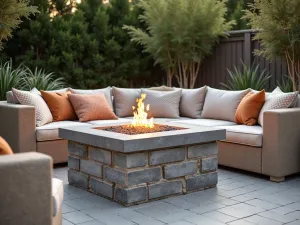 Cinder Block Fire Pit Seating - Close-up of comfortable seating arrangement made from stacked cinder blocks painted in earth tones, surrounding a modern fire pit, with plush outdoor pillows and throws