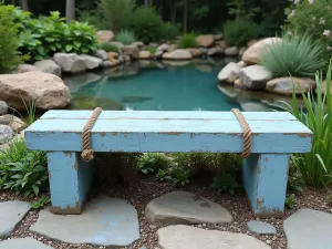 Coastal Block Bench - Wide shot of a weathered blue-painted cinder block bench with nautical rope details and coastal plantings, overlooking a garden pond