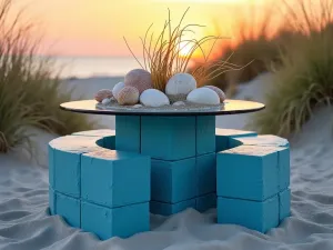 Coastal Block Bistro Table - Beachy bistro table created from blue-painted cinder blocks with a round glass top, decorated with seashells and coastal grasses, photographed at sunset