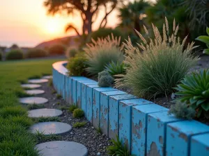 Coastal Garden Border - Weathered blue-painted cinder block garden edge with coastal plants and ornamental grasses, photographed at sunset