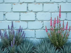 Coastal Garden Boundary - A weathered cinder block wall in pale blue, featuring coastal rosemary and blue fescue grass, with sea thrift adding pink accents, close-up showing texture