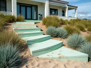 Coastal Style Block Planters - Wide shot of beach-themed painted cinder blocks in seafoam green and sandy beige, planted with coastal grasses and blue fescue