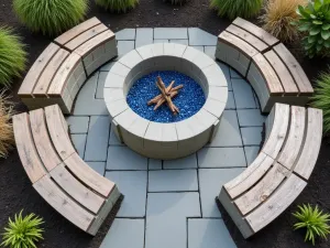 Coastal Style Fire Pit - Aerial view of a nautical-inspired round cinder block fire pit with blue glass accents, coastal grasses, and weathered wood seating