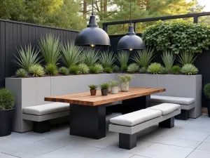 Contemporary Dining Booth - Modern outdoor dining booth created with sleek painted cinder blocks, featuring built-in succulent planters and pendant lighting above