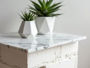 Contemporary Block Side Table - Modern side table made from precisely stacked white-painted cinder blocks with a sleek marble top, styled with geometric planters and air plants, close-up detail