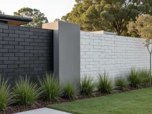 Contemporary Color Block Fence - A modern cinder block fence painted in alternating sections of charcoal grey and white, with cor-ten steel accents and Mexican feather grass, normal view