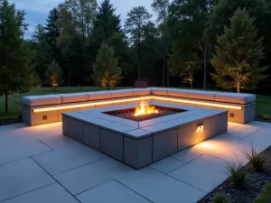 Contemporary L-shaped Fire Pit - Wide angle view of an L-shaped cinder block fire pit with integrated bench seating, sleek metal accents, and strategic LED lighting