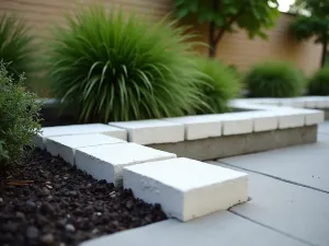 Contemporary White Border - Minimalist garden edge created with white-painted cinder blocks, contrasting against dark mulch and green plants, shot from a low angle