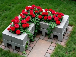 Corner Cinder Block Planter Wall - Aerial view of an L-shaped cinder block flower bed with alternating blocks creating a geometric pattern, filled with red geraniums and trailing ivy