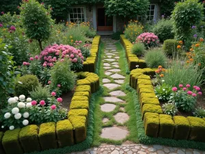 Cottage Block Border Garden - Aerial view of a romantic cottage-style garden border made with moss-covered cinder blocks, overflowing with traditional cottage garden flowers